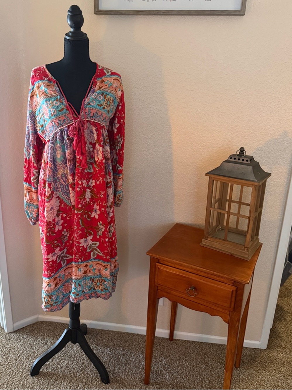 Bohemian Red Floral Tie-Front Long Sleeve Dress